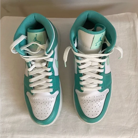 Nike Air Jordan 1 Mid Teal and White Sneakers - Picture 14 of 16